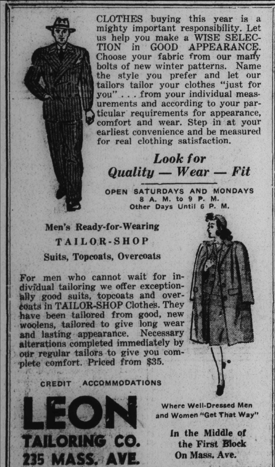 Leon Tailoring vintage newspaper advertisement from early Indianapolis history